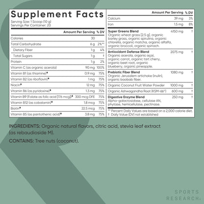 Sports Research Organic Greens Powder – Spirulina & Chlorella, 8 B Vitamins, Vegan