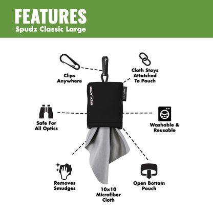 SPUDZ Classic Microfiber Lens Cleaner with Clip-On Pouch – 10x10 in | For Glasses, Binoculars, Scopes
