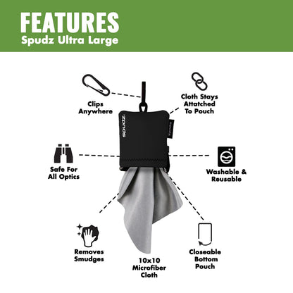 SPUDZ Ultra Microfiber Lens Cleaner – Closable Pouch, Clip-On, 10 x 10 Inch | Stealth Shadow
