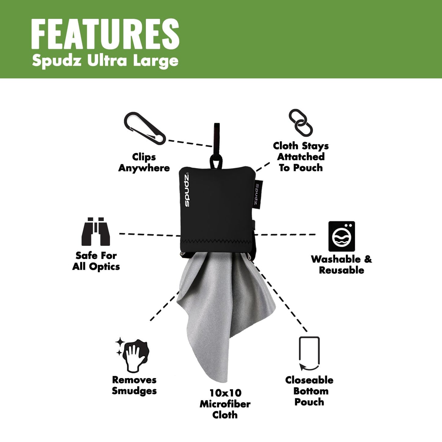 SPUDZ Ultra Microfiber Lens Cloth – Closable Pouch, Clip-On, 10 x 10 in | Optics, Scopes & Glasses
