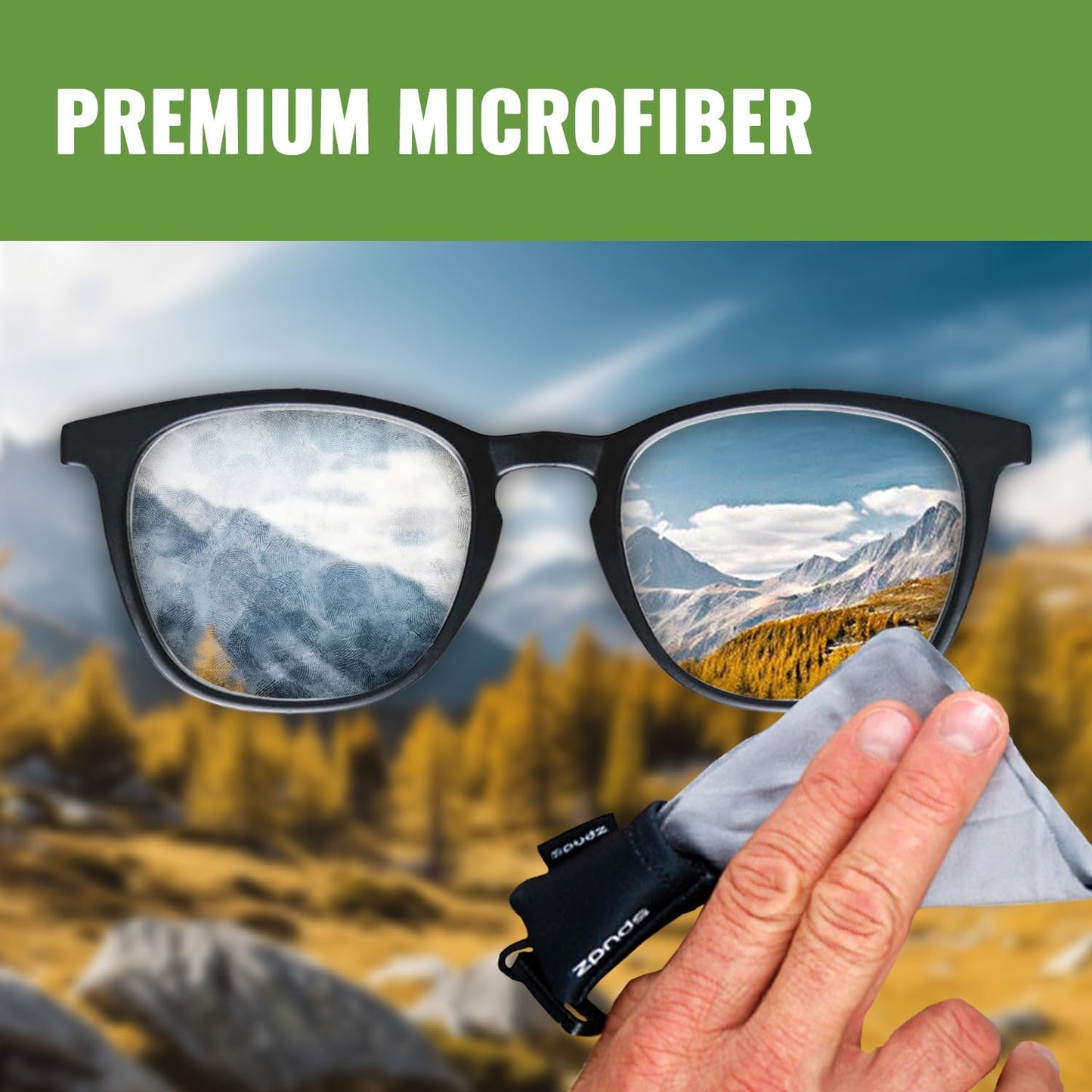 SPUDZ Classic Microfiber Lens Cleaner – Clip-On Pouch, Washable | Binoculars, Scopes, Glasses | Mountain Rainbow 6 x 6 Inch