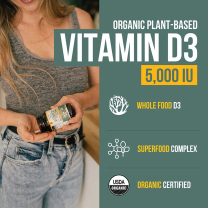 Organic Vitamin D3 5000 IU – Vegan Plant-Based Cholecalciferol, 60 Capsules