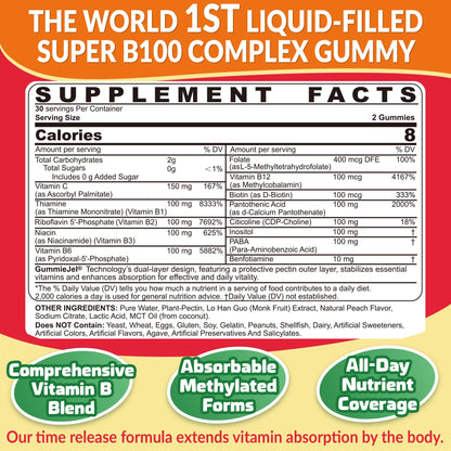 Super Vitamin B Complex Gummies - All B Vitamins Including Methyl B12, B1, B2, B3, B5, B6, Biotin, Methylfolate with Vitamin C, Choline, Inositol, PABA for Energy, Brain & Immune Support, Sugar Free
