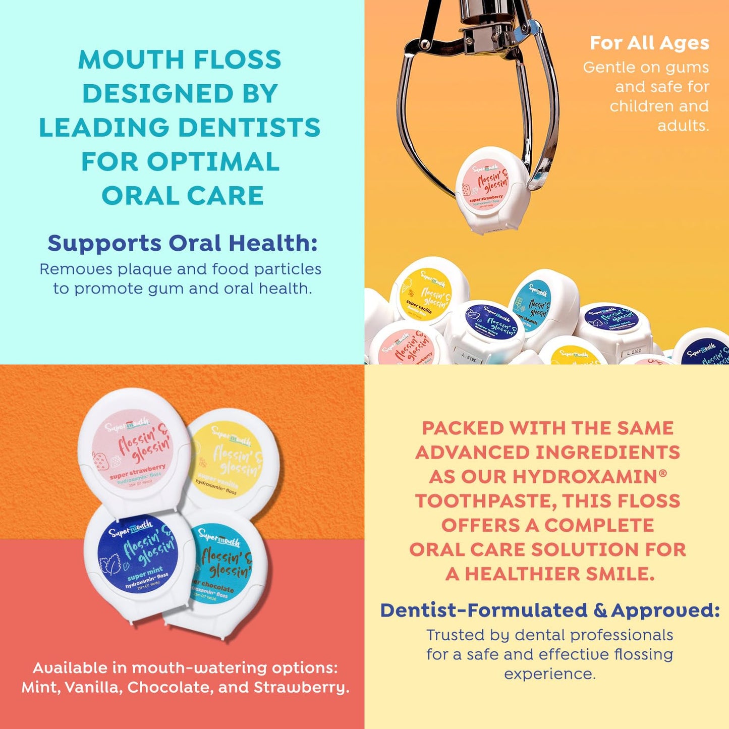 SuperMouth Fluoride-Free Floss – Expanding Floss for Plaque Removal & Enamel Support – Gentle Formula for Kids, Adults & Pregnant Women– Nano-Hydroxyapatite + Vitamins D3 & K2 – 4 Delicious Flavors