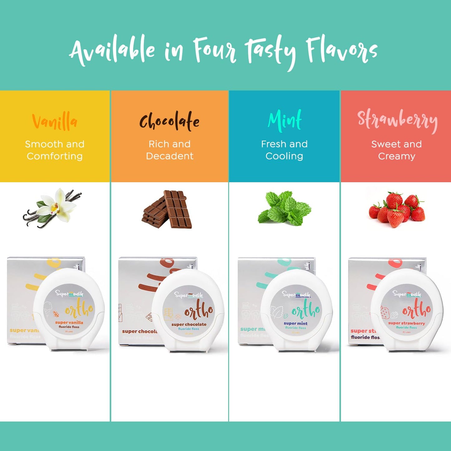 SuperMouth Ortho Floss – Patented Expanding Floss with Fluoride, Nano-Hydroxyapatite & Xylitol | 4 Flavors