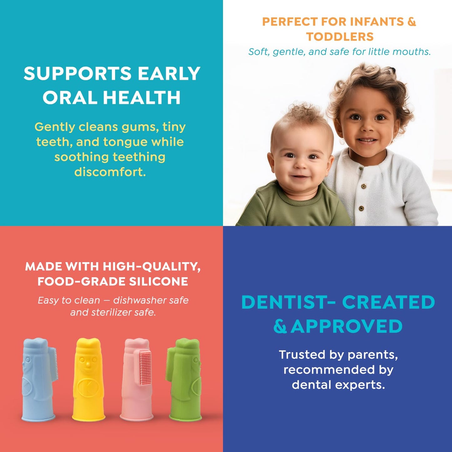 SuperMouth Tooth Keri Baby Finger Brush – Soft Silicone Bristles, Built-in Bite Block, Light-Up Wand, AR App (Teething to 2 Years, 4 Colors)