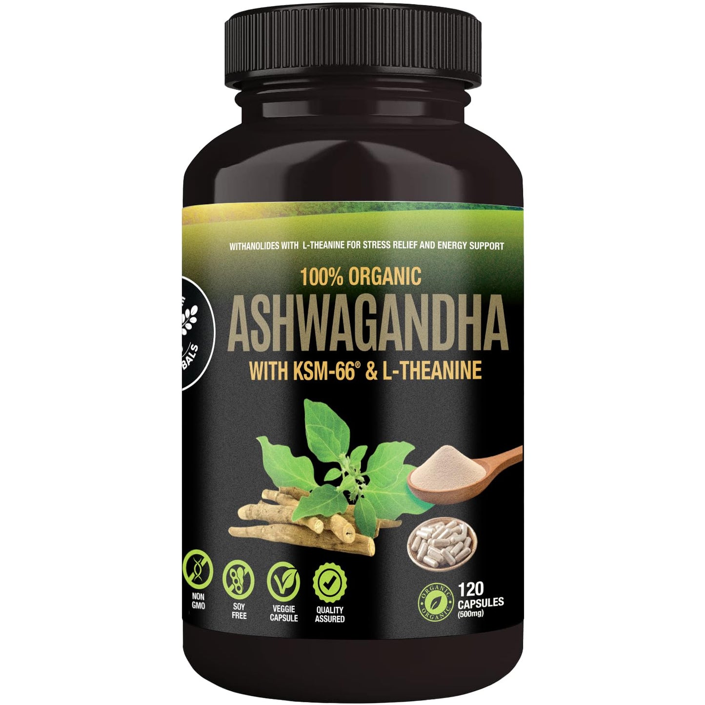 SUPREME HERBALS Organic Ashwagandha Capsules 500 mg with KSM-66® & L-Theanine – 120 Veggie Capsules