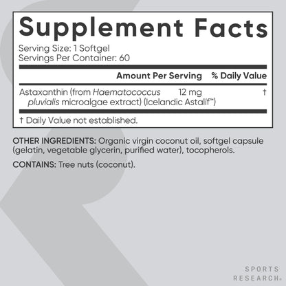 Sports Research Triple Strength Astaxanthin 12mg with Organic Coconut Oil - 60 Softgels