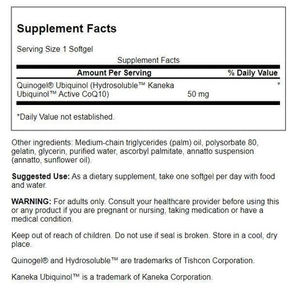 Swanson Quinogel (Hydrosoluble Ubiquinol CoQ10) 50 Milligrams 30 Sgels