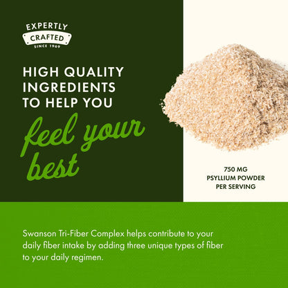 Swanson Tri-Fiber Complex - Digestive Health Fiber Supplement with Psyllium, Oat Bran & Apple Pectin (100 Capsules) - 4 Pack