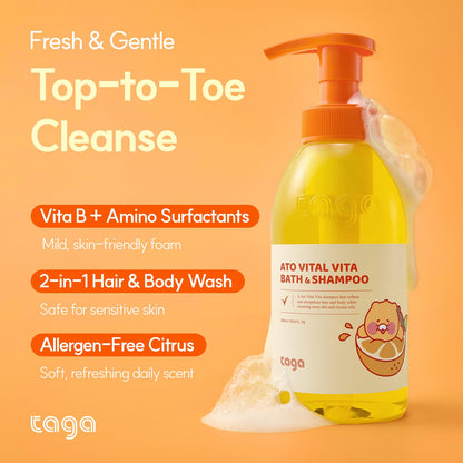 TAGA ATO Vital Vita Kids Bath & Shampoo 300 ml – Vegan, Hypoallergenic 2-in-1 Cleanser