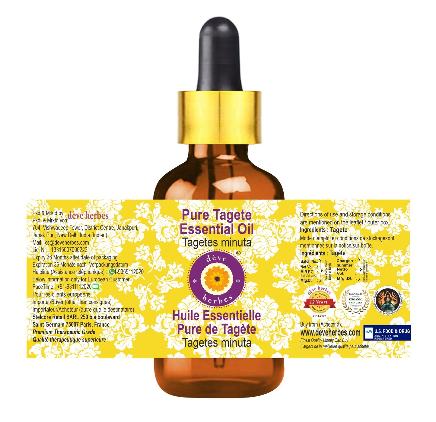 dève herbes Tagete Essential Oil (Tagetes minuta) | 100ml Steam Distilled with Glass Dropper | Pure, Non-Sticky, Non-Greasy