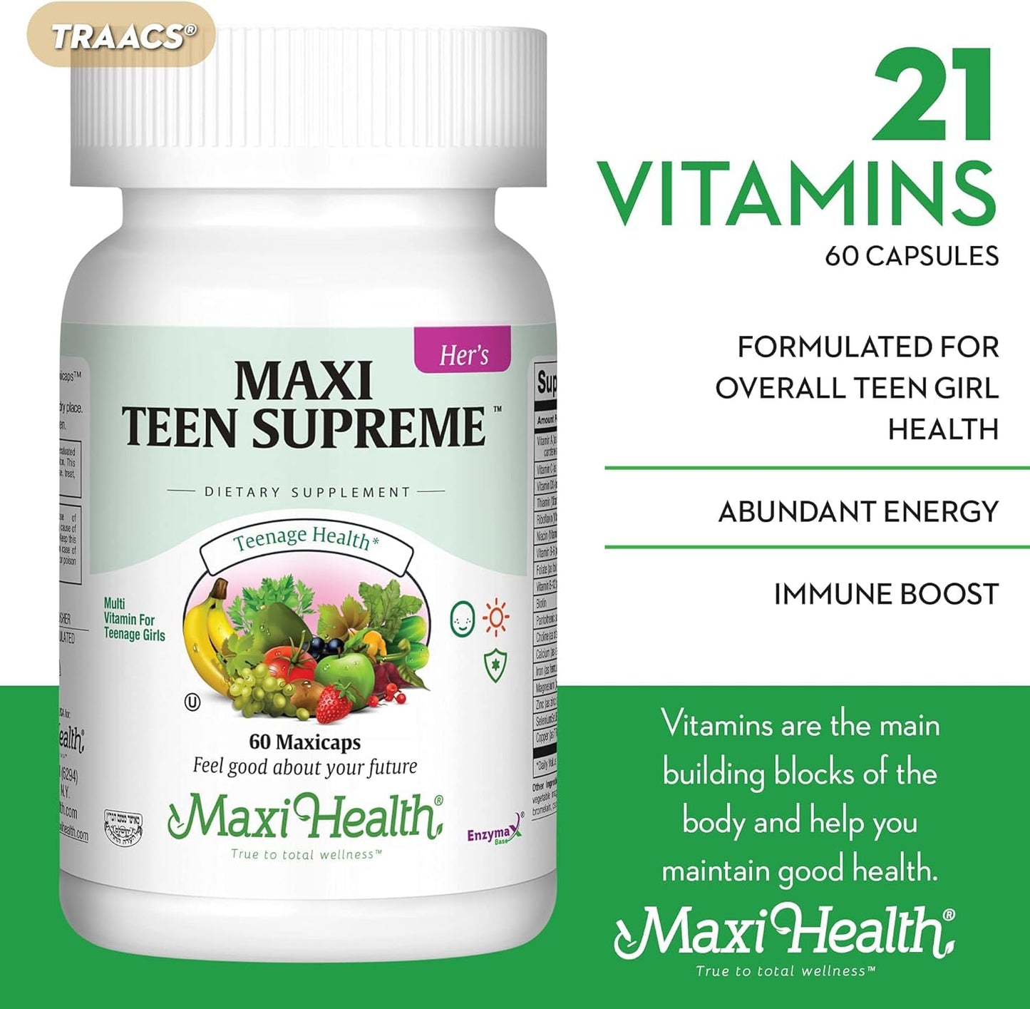 Teen Vitamins for Girls 12-17 - Teen Multivitamin Supreme with D3, Iron, Calcium, Biotin, Digestive Enzymes – Teenager Girl Multi Vitamins for Energy, Immune & Mood Support – 60 Count