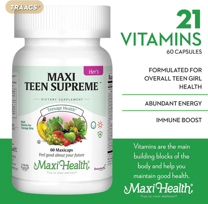 Teen Vitamins for Girls 12-17 - Teen Multivitamin Supreme with D3, Iron, Calcium, Biotin, Digestive Enzymes – Teenager Girl Multi Vitamins for Energy, Immune & Mood Support – 60 Count