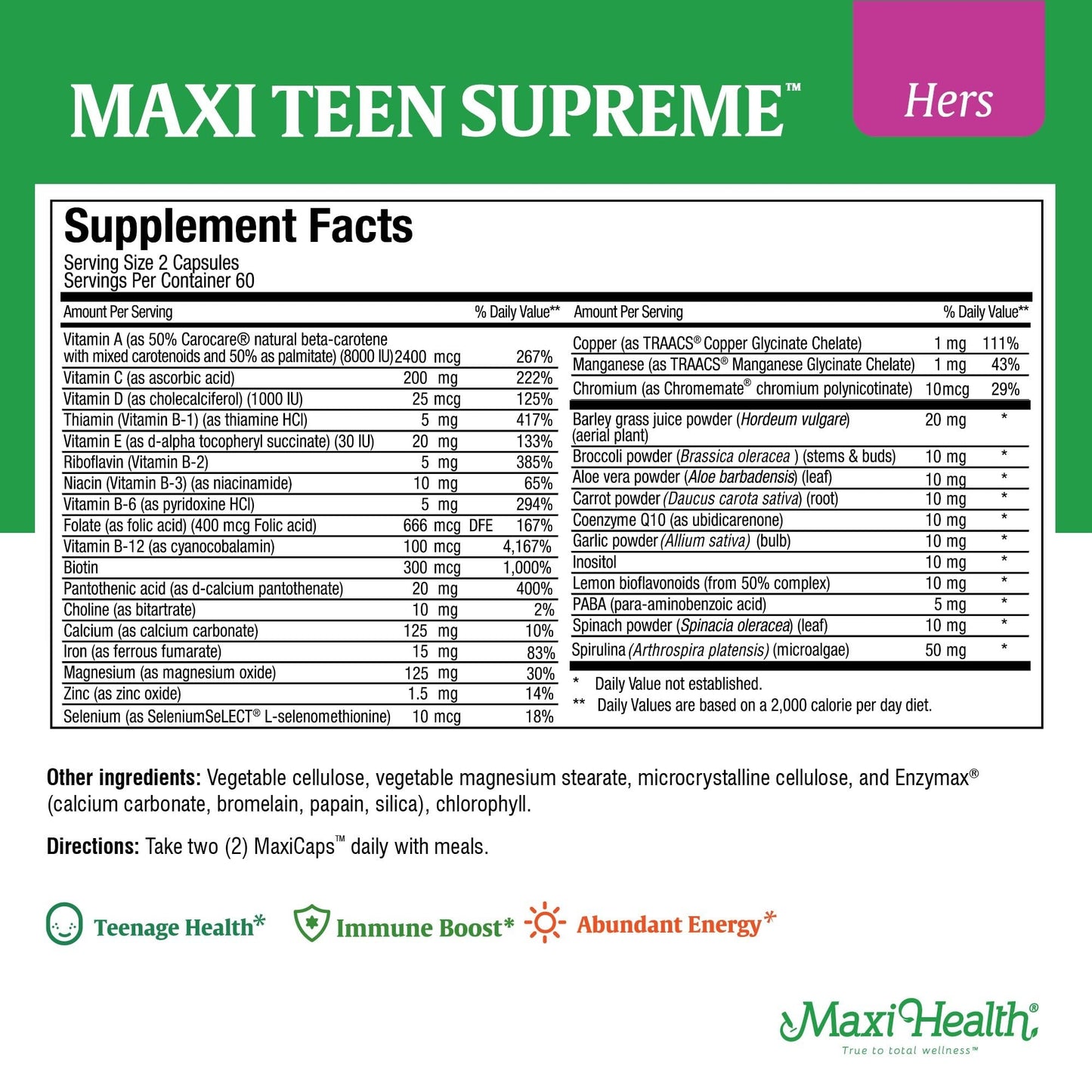 Teen Vitamins for Girls 12-17 - Teen Multivitamin Supreme with D3, Iron, Calcium, Biotin, Digestive Enzymes – Teenager Girl Multi Vitamins for Energy, Immune & Mood Support – 60 Count