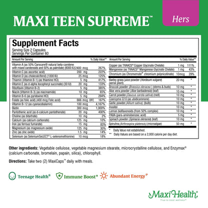 Teen Vitamins for Girls 12-17 - Teen Multivitamin Supreme with D3, Iron, Calcium, Biotin, Digestive Enzymes – Teenager Girl Multi Vitamins for Energy, Immune & Mood Support – 60 Count