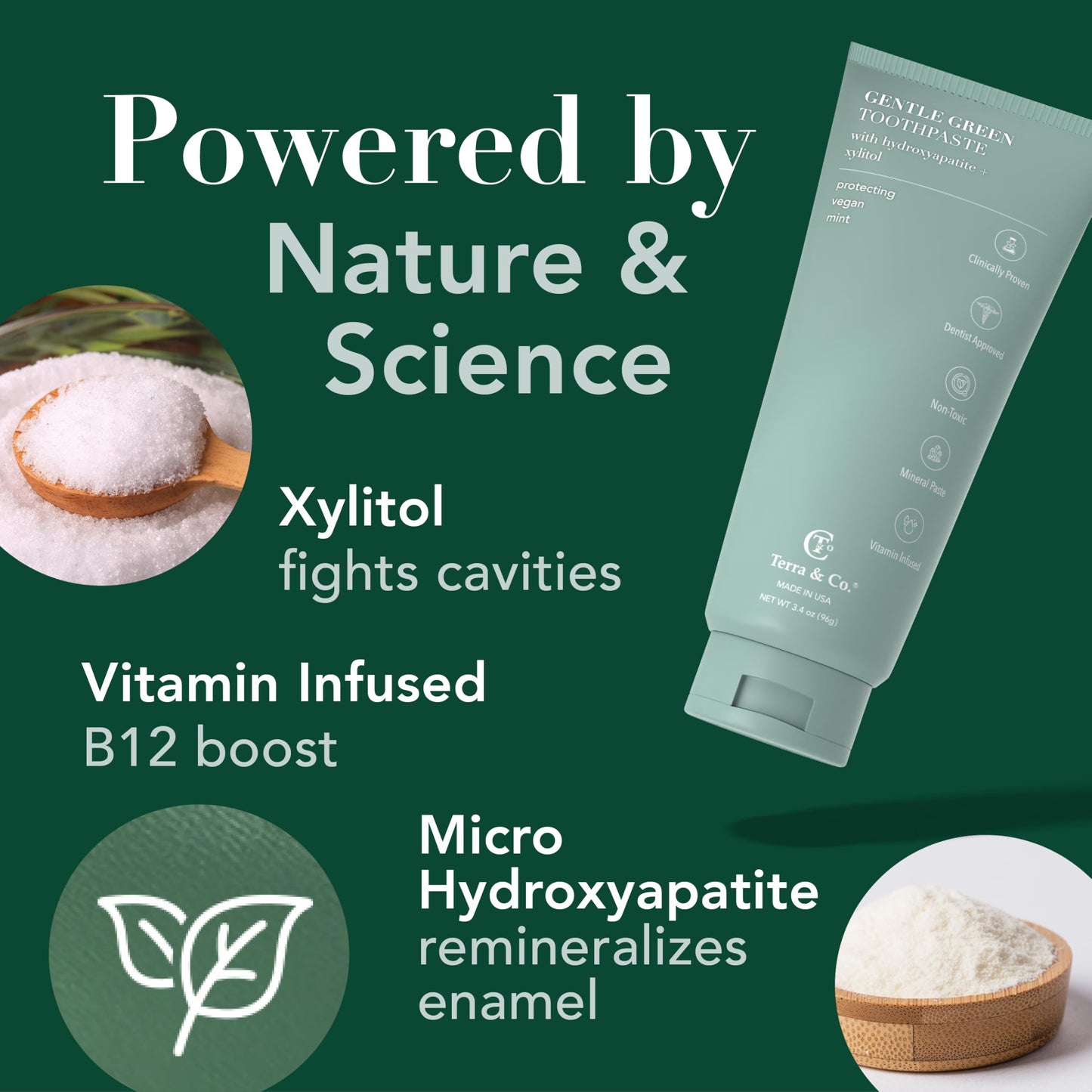Terra & Co. Gentle Green Micro-Hydroxyapatite Toothpaste for Sensitive Teeth – USA-Made, Vitamin B12, Fluoride-Free, Vegan, SLS-Free – Mint, 3.4 oz