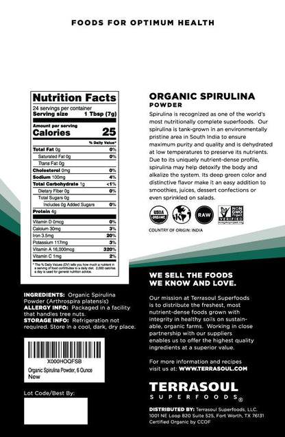 Terrasoul Organic Spirulina Powder – 6 oz (Pack of 2) | Vegan Protein & Green Superfood
