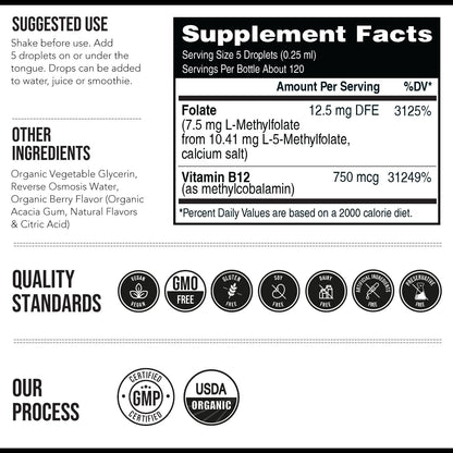 Organic L Methylfolate 7.5 mg Plus Methyl B12 Cofactor - Metabolically Active 5-MTHF Form, Superior Form of Folate - Organic Berry Flavor, Liquid Sublingual Form – Mood, Cognition, Methylation (1oz)