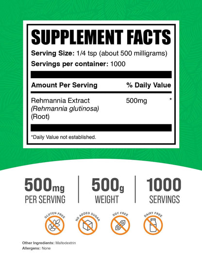 BulkSupplements Rehmannia Extract Powder – 500mg per Serving, 500g (1.1 lbs) – Gluten Free