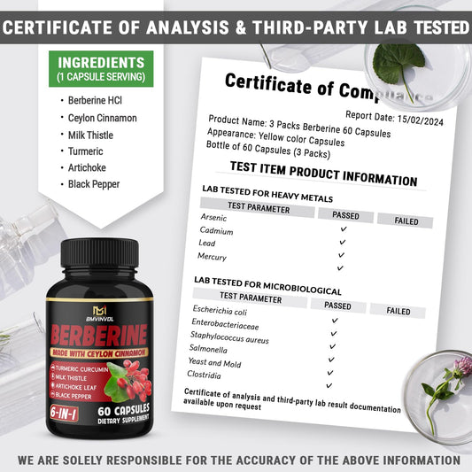 (3 Packs) Berberine Supplement Plus Ceylon Cinnamon, Milk Thistle, Turmeric, Artichoke Leaf, Black Pepper - 6 Month Supply