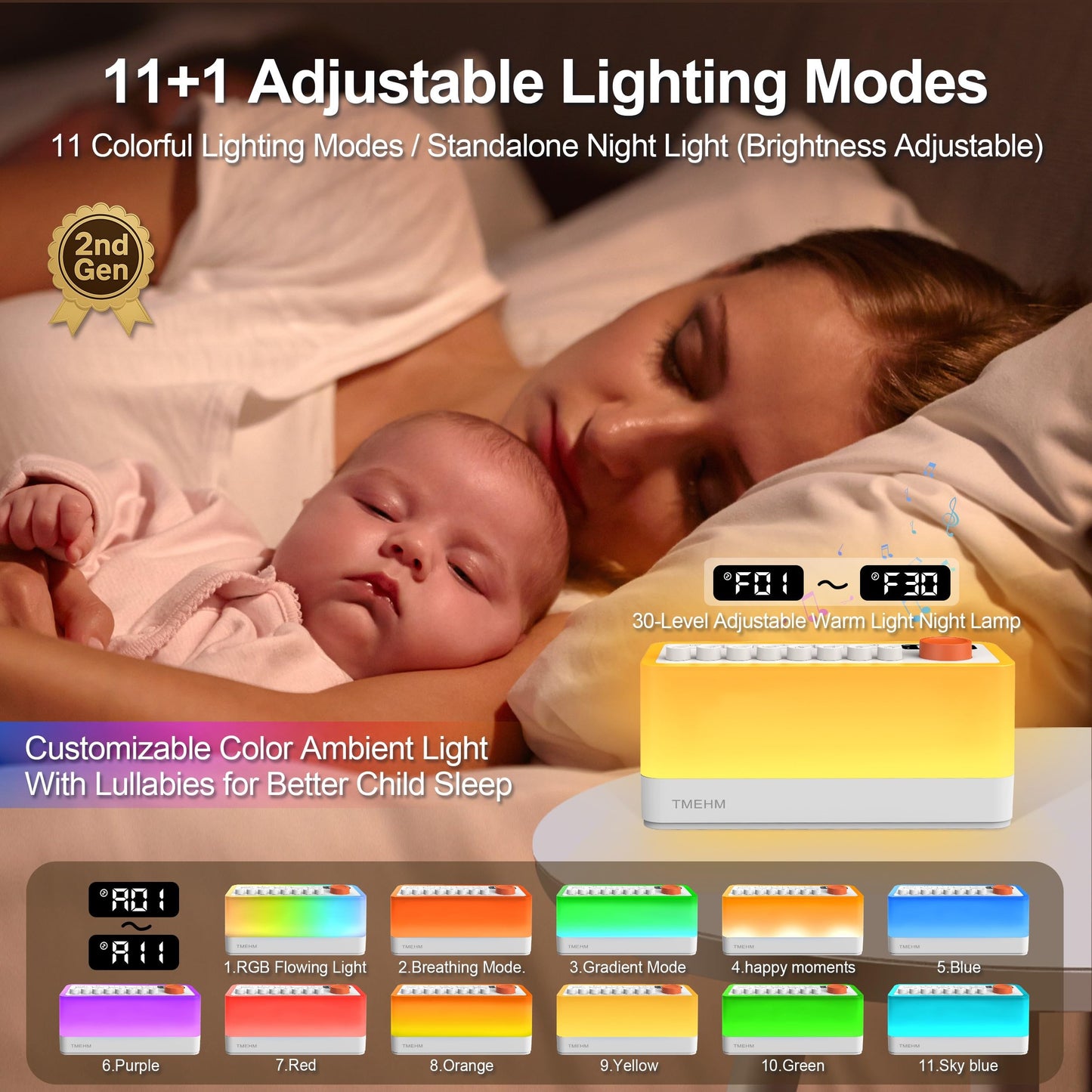 TMEHM 3-in-1 Sleep Sound Machine — 8 Sounds, Bluetooth Speaker, 12-Color Night Light
