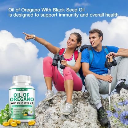 TOPCAPAK Oil of Oregano with Black Seed Oil 2-in-1 Softgels | Immune Support, Carvacrol & Thymoquinone, 200-Count