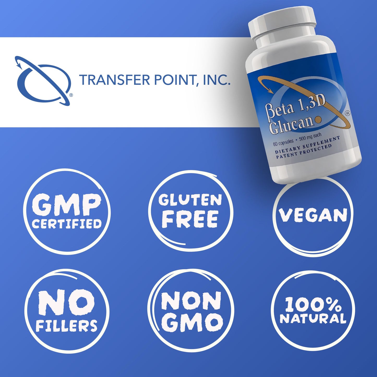 Transfer Point Immune Support: Highly Purified Beta 1,3D Glucan 500 mg Capsules (Pack of 3)