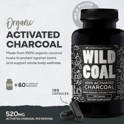 Wild Foods Activated Charcoal Capsules – 100% Organic Coconut Shells, Made in USA (120 Ct)