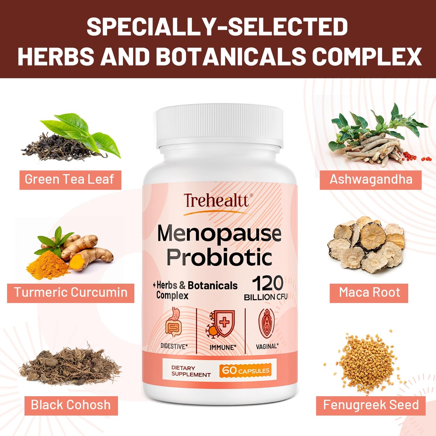 Trehealtt Menopause Probiotic – 120B CFU, 13-in-1 Herbal Complex, 60 Vegan Capsules