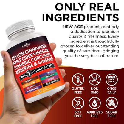 Ceylon Cinnamon Turmeric Apple Cider Vinegar Ginseng Aloe Vera Berberine Banaba Ginger Root - 120 Count