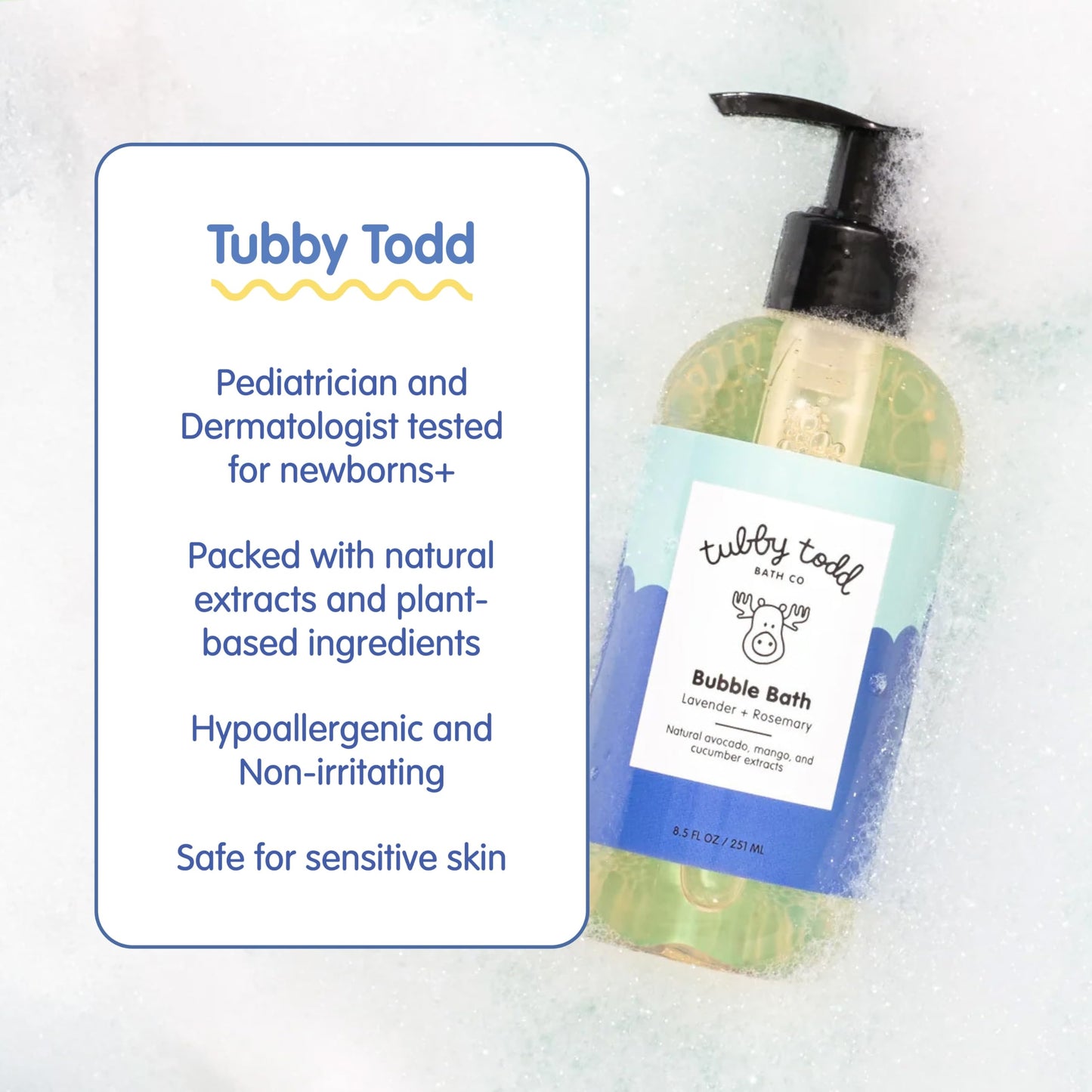 TUBBY TODD Bubble Bath for Kids & Babies – Hypoallergenic, Fragrance Free, 2 Pack (25 fl oz & 8 fl oz)