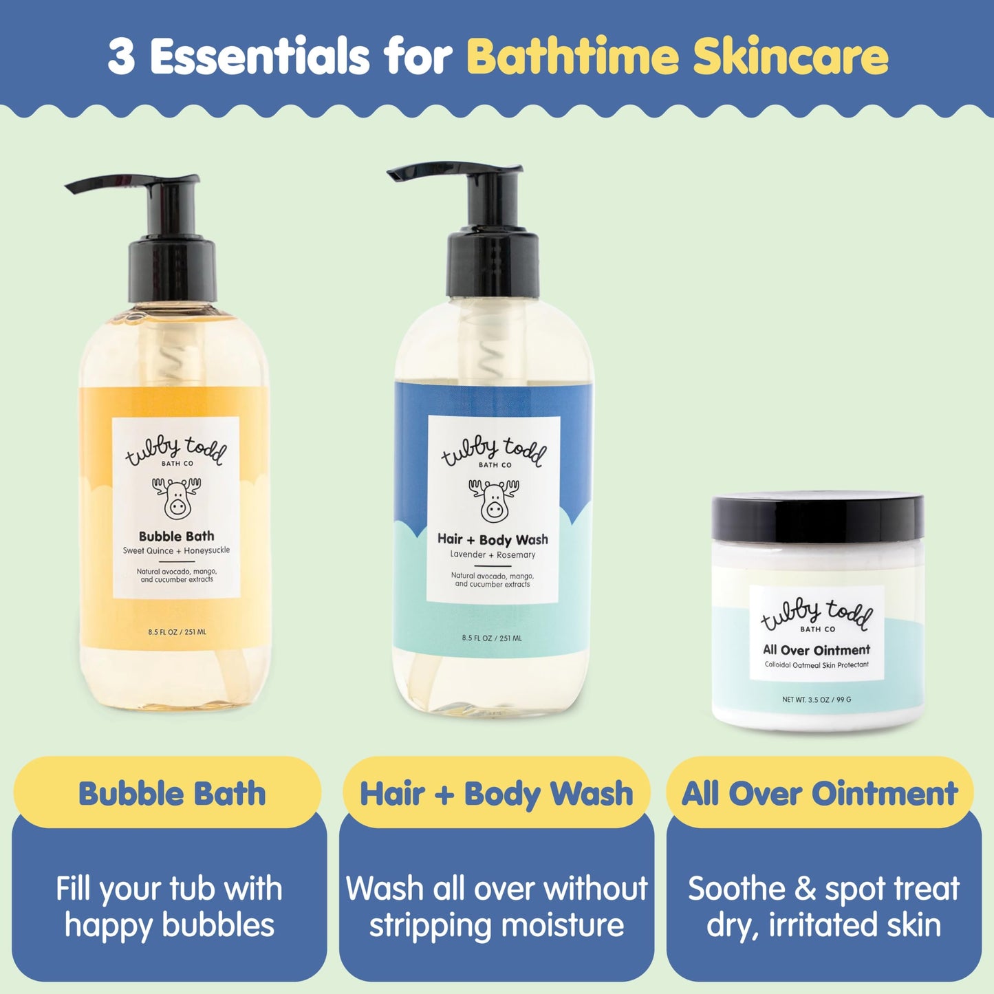 TUBBY TODD Essentials Baby Bath Gift Set - 8.5oz Hair+Body Wash, 8.5oz Bubble Bath & 3.5oz All Over Ointment