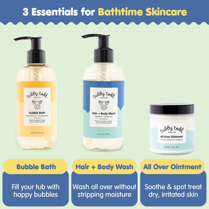 TUBBY TODD Essentials Baby Bath Gift Set - 8.5oz Hair+Body Wash, 8.5oz Bubble Bath & 3.5oz All Over Ointment