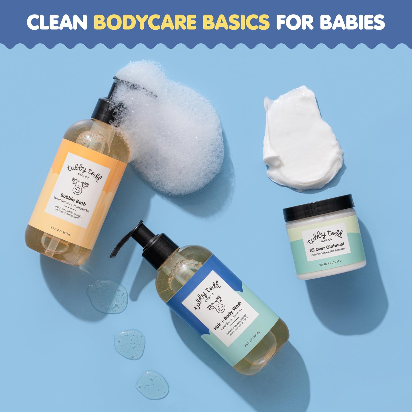 TUBBY TODD Essentials Baby Bath Gift Set - 8.5oz Hair+Body Wash, 8.5oz Bubble Bath & 3.5oz All Over Ointment