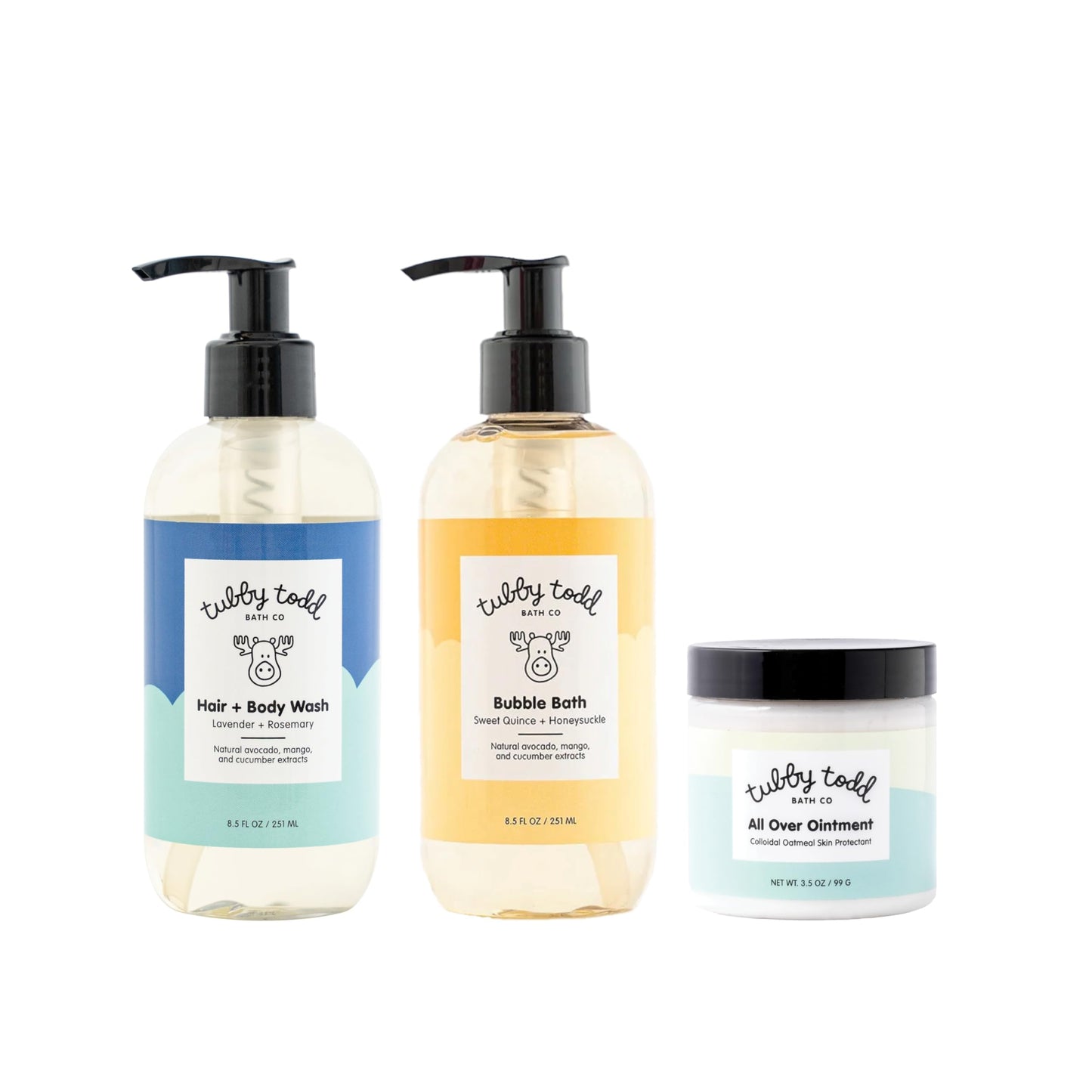 TUBBY TODD Essentials Baby Bath Gift Set - 8.5oz Hair+Body Wash, 8.5oz Bubble Bath & 3.5oz All Over Ointment