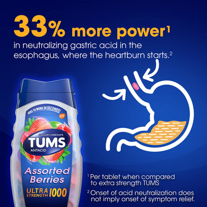 TUMS Ultra Strength Antacid Tablets – Fast Chewable Heartburn Relief, Assorted Berry, 12 Rolls