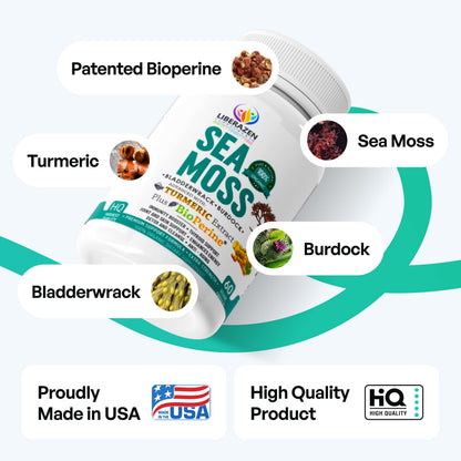 Organic Irish Sea Moss Pills - Wildcrafted Dr Sebi Inspired Seamoss Blend with Turmeric, Burdock Root & Bladderwrack, Enhanced with Black Pepper - 60 Capsules