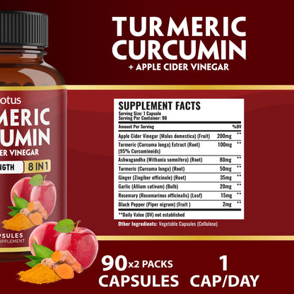 2 Packs Turmeric Curcumin 90 Capsules + Apple Cider Vinegar – 6 Months, 95% Curcuminoids