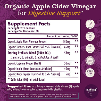 Ladybug Potions Organic Apple Cider Vinegar Capsules 450 mg | Turmeric, Probiotics & Cayenne