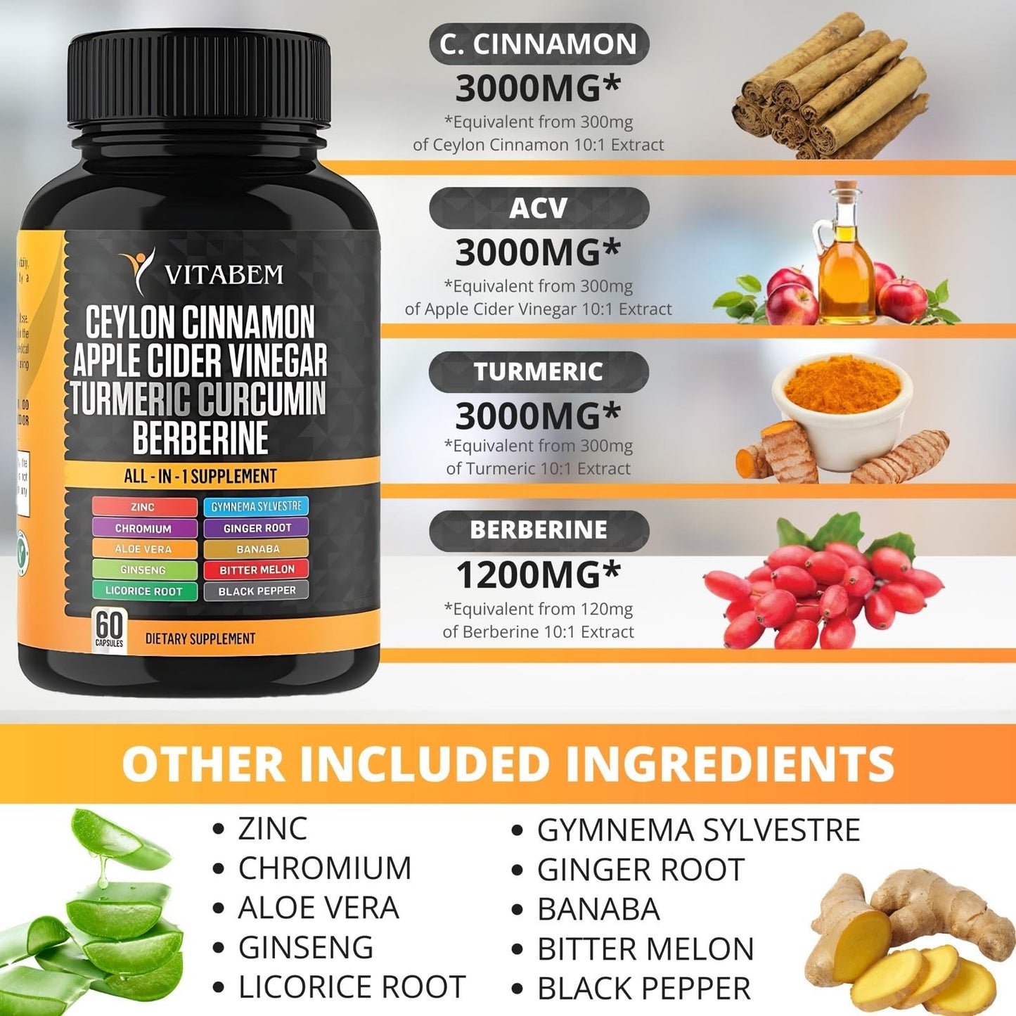 Ceylon Cinnamon Capsules + Apple Cider Vinegar – Turmeric 3000mg, Berberine 1200mg, 60 Count