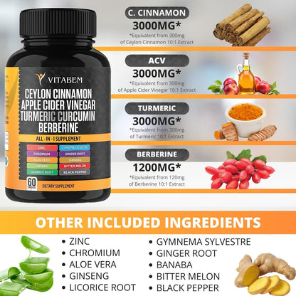 Ceylon Cinnamon Capsules + Apple Cider Vinegar – Turmeric 3000mg, Berberine 1200mg, 60 Count