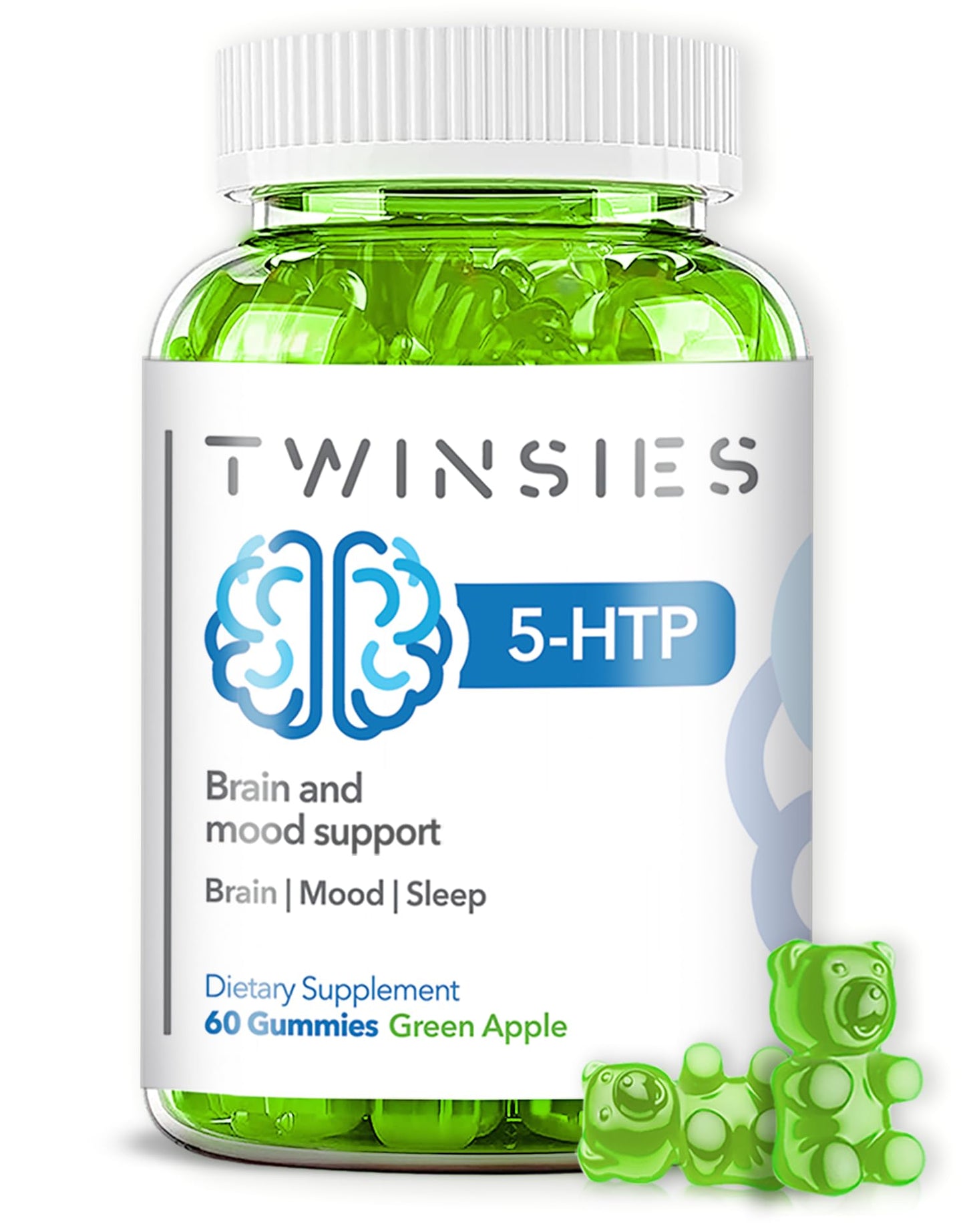Twinsies 5-HTP Gummies 200mg for Sleep, Mood & Brain Health – Green Apple L-Tryptophan Chews (60) | Gluten-Free & Non-GMO