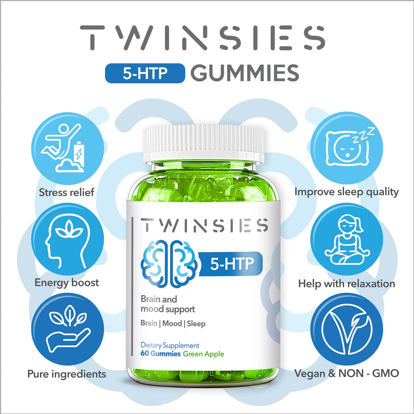 Twinsies 5-HTP Gummies 200mg for Sleep, Mood & Brain Health – Green Apple L-Tryptophan Chews (60) | Gluten-Free & Non-GMO