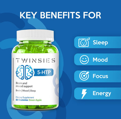 Twinsies 5-HTP Gummies 200mg for Sleep, Mood & Brain Health – Green Apple L-Tryptophan Chews (60) | Gluten-Free & Non-GMO