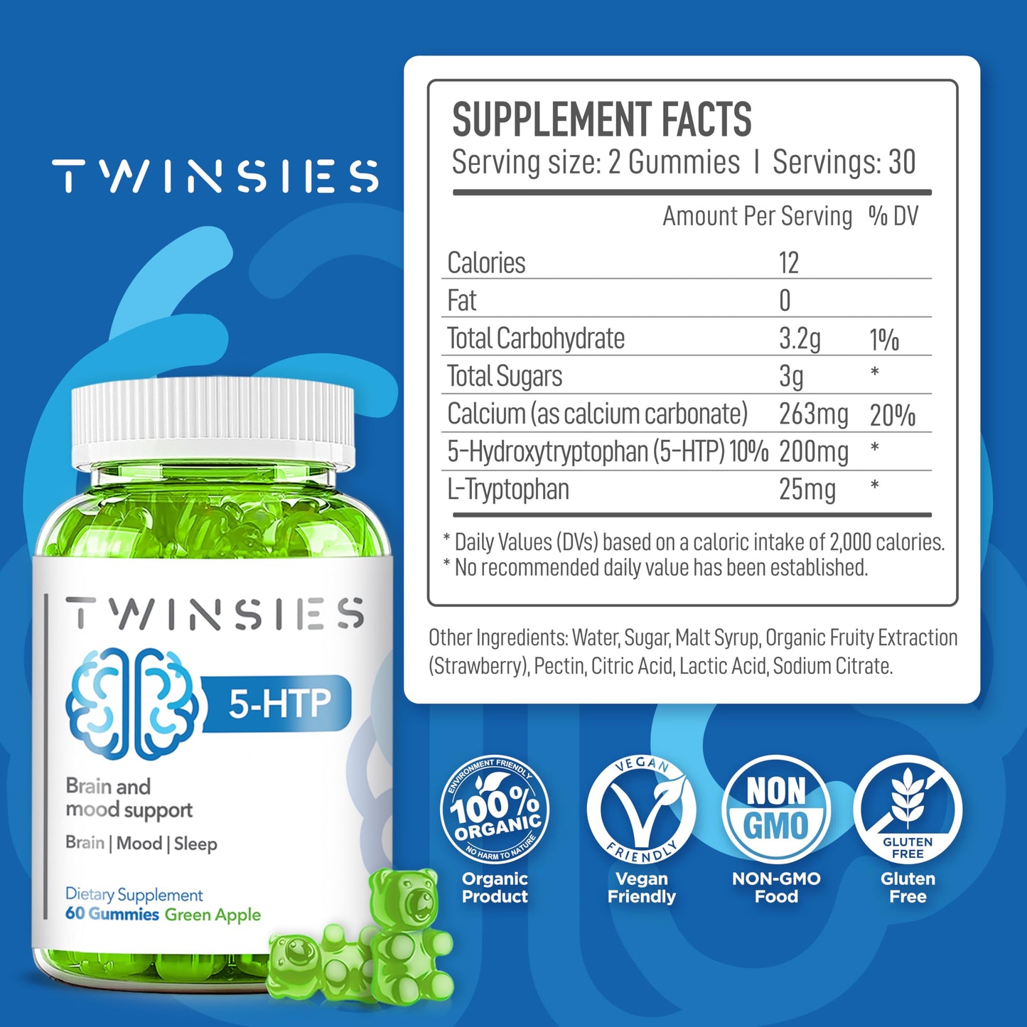 Twinsies 5-HTP Gummies 200mg for Sleep, Mood & Brain Health – Green Apple L-Tryptophan Chews (60) | Gluten-Free & Non-GMO