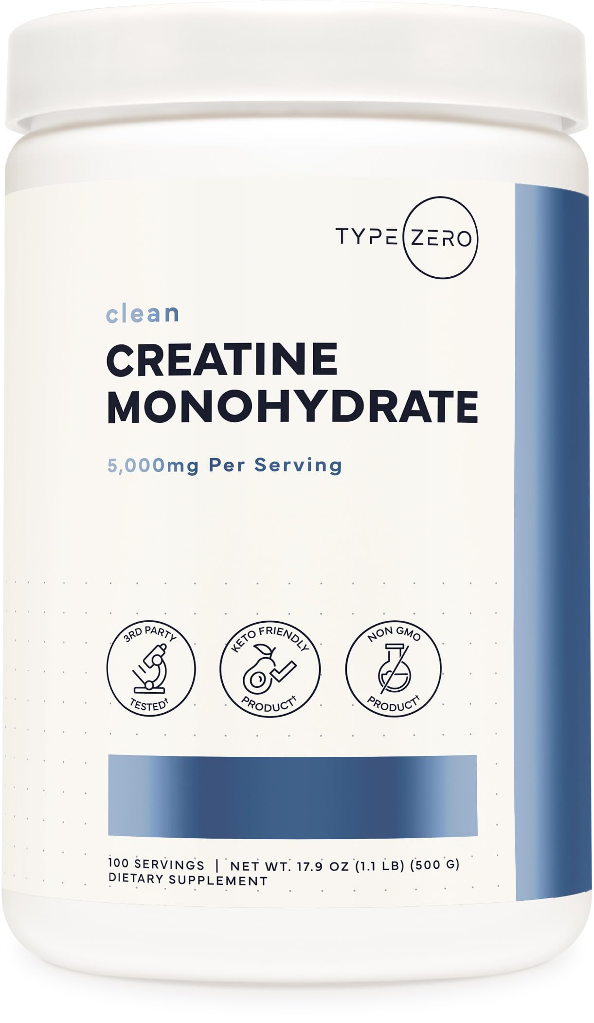 Type Zero Creatine Monohydrate Powder – Unflavored, 500g, 5000 mg/Serving, 100 Servings