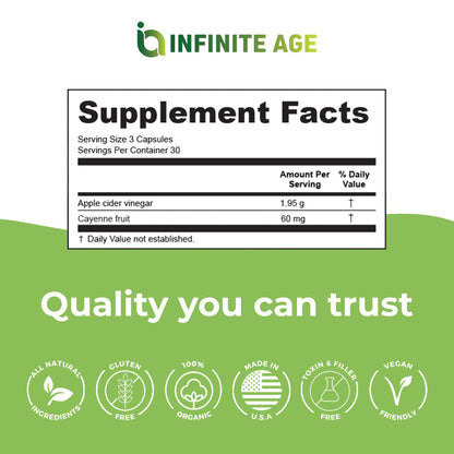 Infinite Age 1950mg Apple Cider Vinegar Capsules – 90 Count | Made in USA | Vegan, Gluten Free, All-Natural | 60mg Cayenne