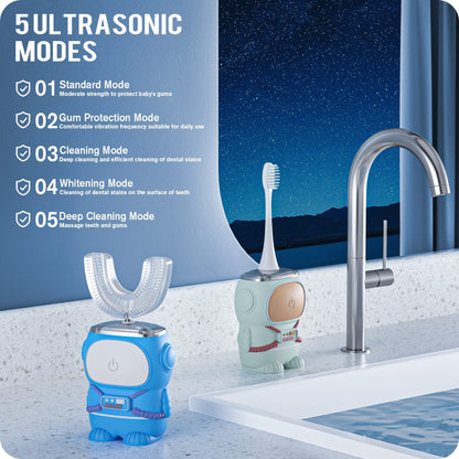 Ultrasonic Kid's U-Shaped Electric Toothbrush - IPX7, 5 Modes, 60s Timer (Azure Blue, Ages 2-6)