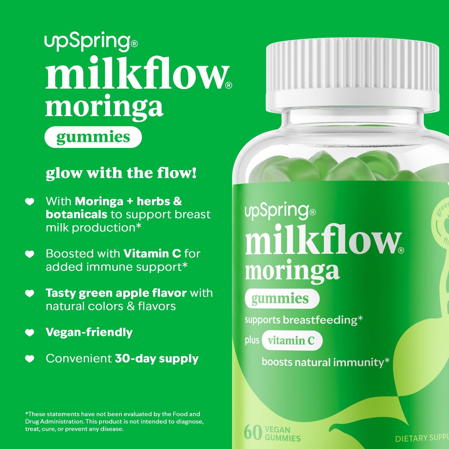 UpSpring Milkflow Moringa Gummies - Natural Breastfeeding Support (Vegan, Green Apple)